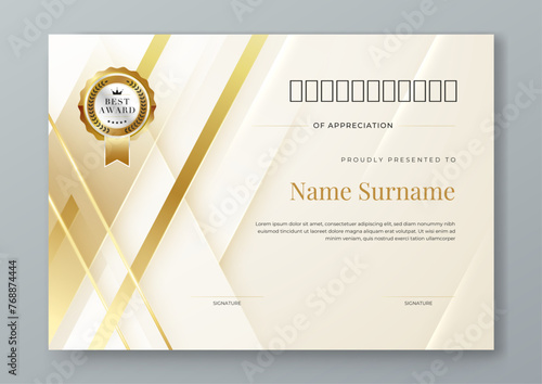 Gold and white certificate modern elegant and luxury template with shapes. For appreciation, achievement, awards diploma, corporate, and education