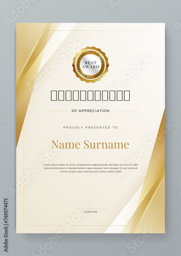 White and gold certificate design with luxury and modern certificate award design template pattern. Certificate of achievement, awards diploma, education, school