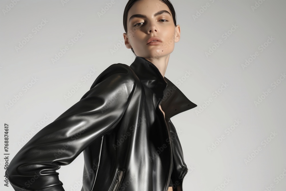 fashion model posing in studio, sleek leather jacket