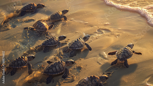 Multiple sea turtles are captured scrambling on the wet golden sand towards the majestic sea as the sunlight sparkles on the water's edge photo