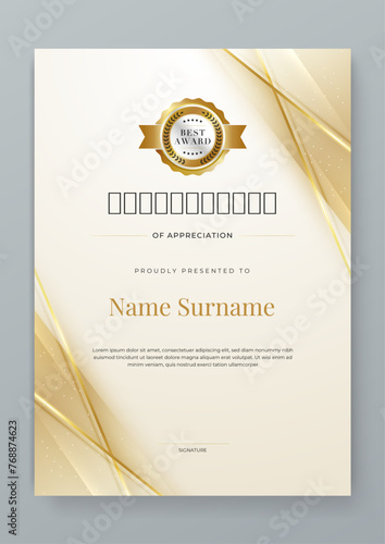 Gold and white vector modern elegant and luxury certificate template for corporate. For award, business, diploma, workshop, award, graduation, completion, competition and education