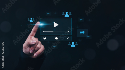 Video advertisement Digital marketing concept, finger interacting graphical icons, video content for online adverts on social media and websites for traffic and awareness.