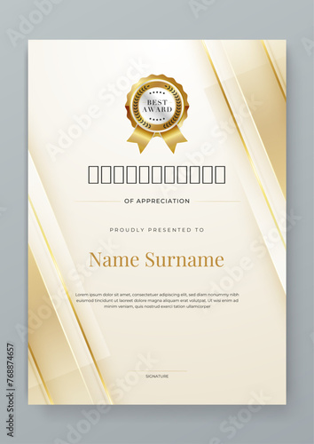 Gold and white vector modern luxury certificate corporate template design. For appreciation, achievement, awards, education, competition, diploma template