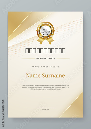 White and gold vector award certificate template fancy modern abstract for corporate. For appreciation, achievement, awards, education, competition, diploma template