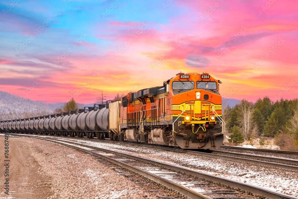 custom made wallpaper toronto digitalfreight train in early with beautiful sunset in background close to Whitefish, Montanaq