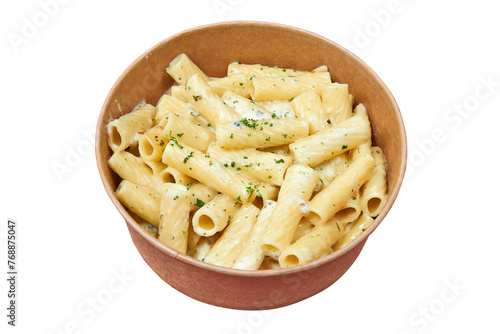 Delivery bucket box with penne and cheese. photo