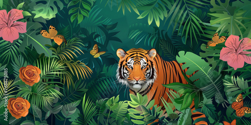 Seamless pattern, Tropical jungle background with tigers. vector illustration