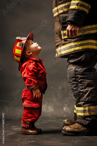 A small boy dressed as a fireman looking up at an adult fireman