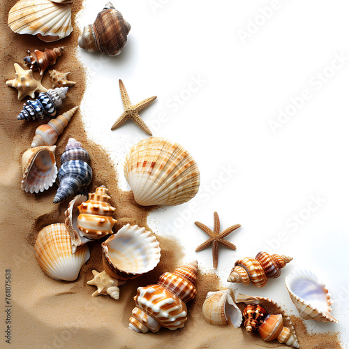Collection of seashells on a sandy beach isolated on white background, text area, png
