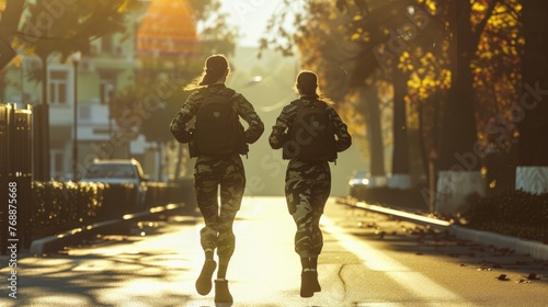 Autumn Joggers in Urban Dusk, Two women in camouflage outfits jog backlit by a golden sunset on an urban street, portraying a blend of fitness and fall ambience