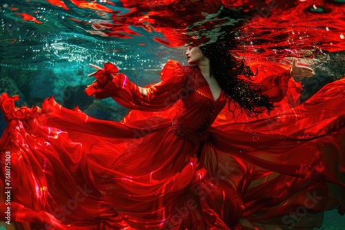 Underwater Dance in Red Dress, surreal underwater scene where a woman in a flowing red dress creates an ethereal dance among the waves, embodying grace and fluidity