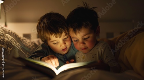 A young boy reading a bedtime story to his younger sibling, fostering a love of bedtime