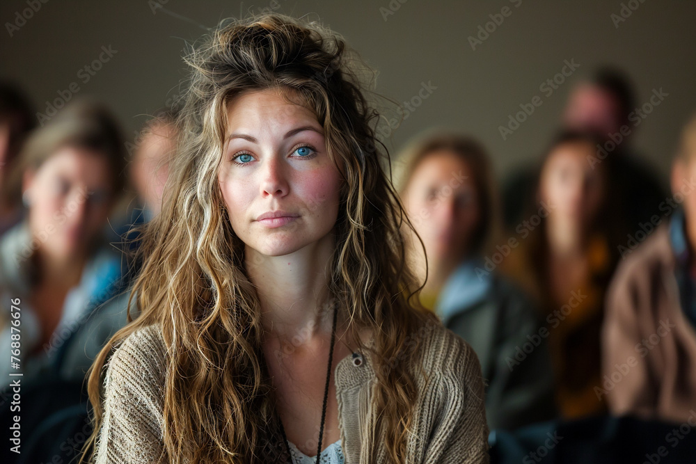 Fototapeta premium Woman at a support group meeting, addiction recovery session, mutual support, listening.