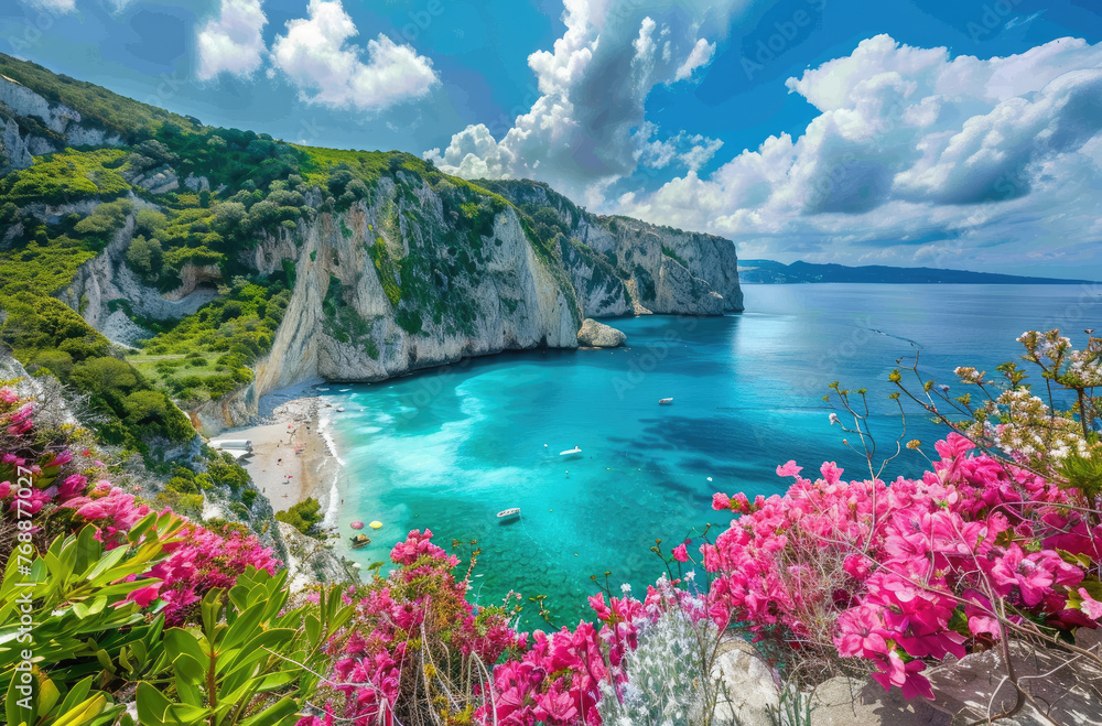 Stunning view of Zante Island with a blue lagoon and white beach in Cape, pink flowers on cliffs, luxury boat tour to far islands 