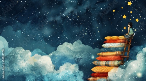 A child climbing a ladder made of pillows and blankets, reaching for a cloud-filled night sky