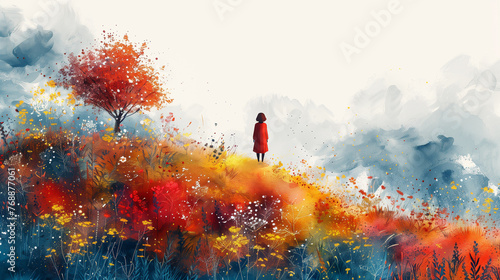 Lonely girl standing on hillside with tree background photo