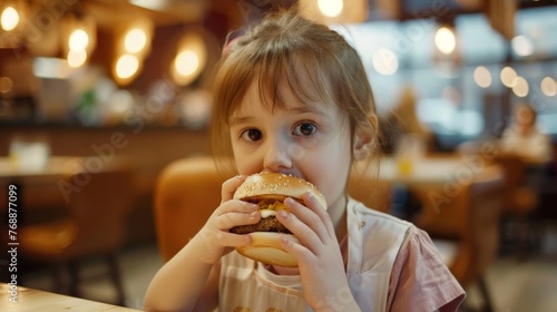 Little girl eats in a fast food cafe 