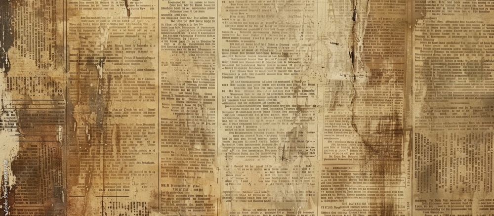 An aged newspaper with torn and crumpled pages, showing signs of wear and tear over time. The torn pieces lie scattered on a textured background, adding to the vintage look.