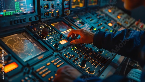 An engineer's hands meticulously calibrate avionics amidst illuminated control panels in a spacecraft cockpit