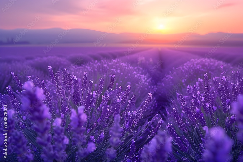 Obraz premium Lavender Twilight Fields Breathtaking Scenic Landscape at Dusk with Vibrant Purple Blossoms Basking in the Last Light of Day
