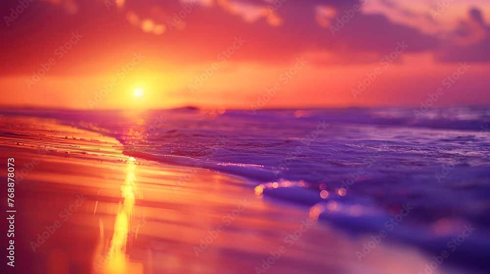 Tranquil Sunset Serenity A Peaceful Beach Scene with Vibrant Orange and Purple Skies