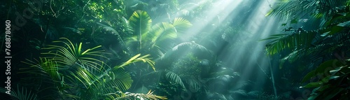 Lush Tropical Jungle Canopy with Mystical Sunlight Beams Filtering Through the Verdant Foliage