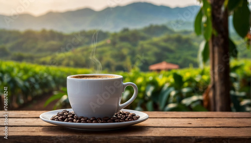 Hot Coffee cup with Coffee beans on the wooden table on the plantations background