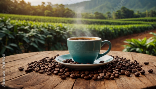 Hot Coffee cup with Coffee beans on the wooden table on the plantations background