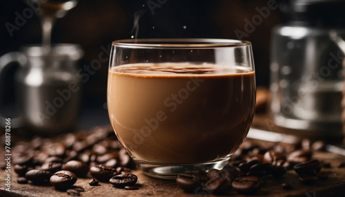 Hot Coffee cup with Coffee beans on the wooden table on dark backgound