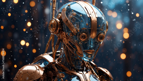 Glass robot adorned with copper details with planets and stars in the background