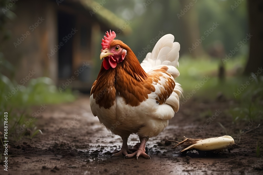 A close-up of a red hen on a farm, while out for a walk. homemade chicken. rustic style. - obrazy, fototapety, plakaty 