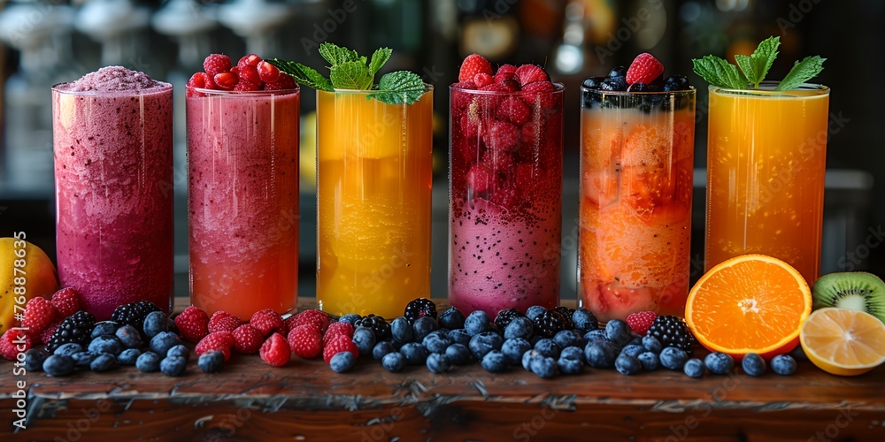 A row of colorful drinks with a variety of fruits and berries