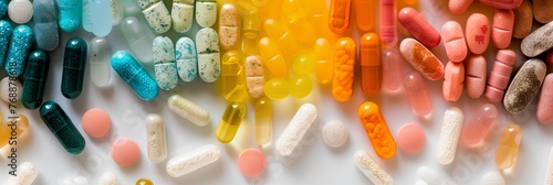 A colorful assortment of pills and tablets are spread out on a white surface