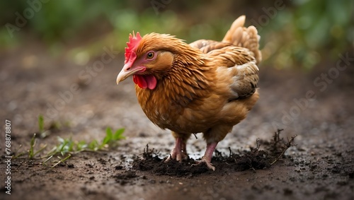 A close-up of a red hen on a farm, while out for a walk. homemade chicken. rustic style.