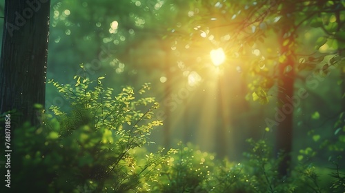 Dazzling Woodland Glow The First Radiant Rays of Morning Illuminating a Verdant Forest