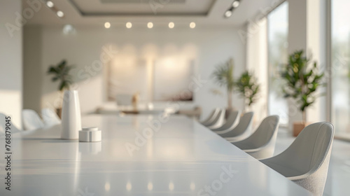 Blurred office interior background with panoramic windows and light from the window with green plant. Blurred office space with a business concept banner template © Nice Seven