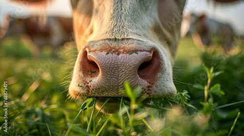 Zoomed in to the max, the camera reveals the intricate movements of a cow's mouth as it savors every bite of fresh grass, emphasizing the quintessential grazing habit that defines cattle.
