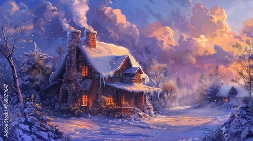A cozy cottage nestled in a snowy village, smoke curling from its chimney and warm light emanating from the windows. 