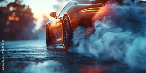 Intense Closeup of a Sports Car Executing a Burnout on the Road. Concept Car Photography, Burnout, Close-up Shots, Sports Cars, Road Action