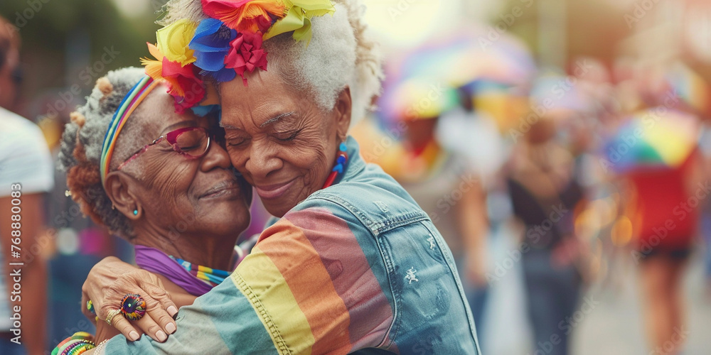 Portrait of mature lesbian women hugging at LGBT Pride. The backdrop of pride and rainbow flags Portrait of mature lesbian women hugging at LGBT Pride. The backdrop of pride and rainbow flags