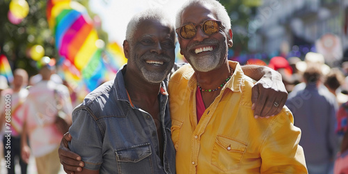 Portrait of mature gay men hugging at LGBT Pride. The backdrop of pride and rainbow flags