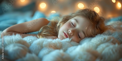 An adorable little girl sleeps peacefully in her fluffy bed with a teddy bear.