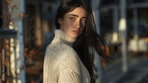 A young women wearing a white sweater paired with jeans, showcasing a classic and effortless look. 