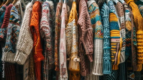 A collection of colorful, knitted sweaters hanging on a rack, offering a variety of styles for different occasions. 
