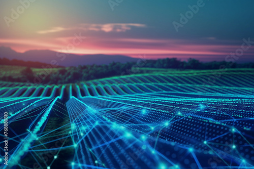 Smart farm and abstract dot point connect with gradient line and aesthetic Intricate wave line design , big data connection and solar technology concept photo