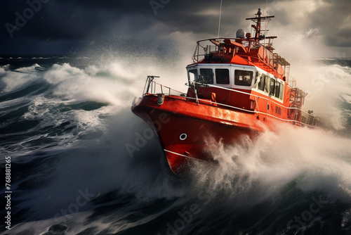 Generative AI image of orange rescue or coast guard patrol boat industrial vessel in blue sea ocean water