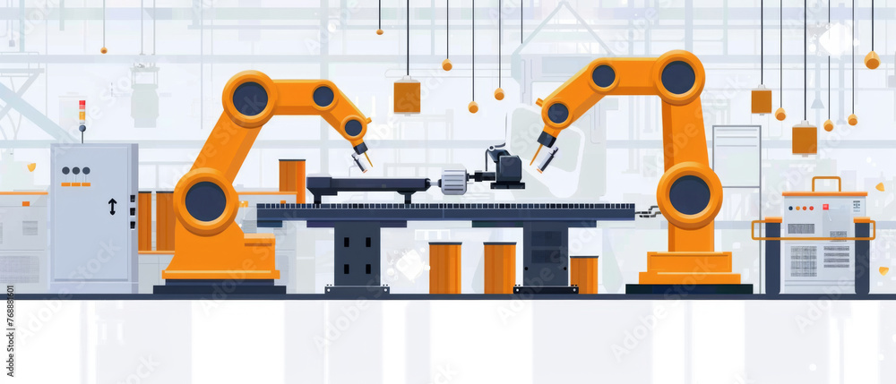 Robotic arms working on assembly line in a contemporary industrial environment, depicting automation and technology. Robotic arms working on assembly line in a contemporary industrial environment, depicting automation and technology.