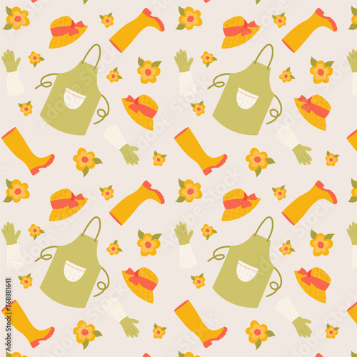 Gardening tools seamless pattern with rubber boots, . gardening apron, hat, flowers, gardening gloves. Hand drawn vector flat pattern.	