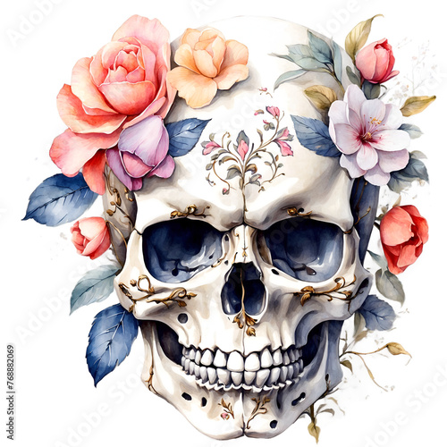 skull with flowers , watercolor illustration, png on transparent background