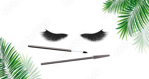 Makeup brushes and 3d eyelashes card. Cosmetics background with tropical leaves vector illustration. Lashes accessories for beauty concept, visage salons designs. Isolated false lash background.